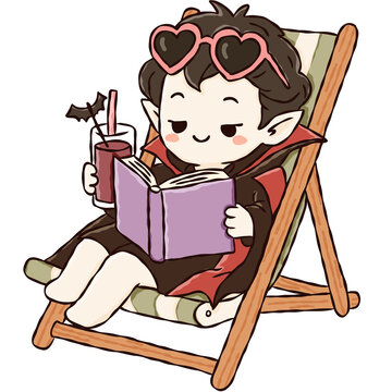 Cute Vampire Reading Book on Beach Chair with Heart Sunglasses Hand Drawn Halloween Doodle