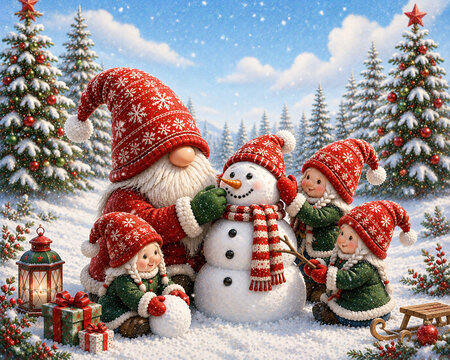 Gnomos fazendo boneco de neve