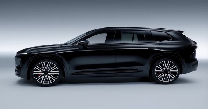 Side profile of luxury electric black suv vehicle parked in modern bright studio setting.