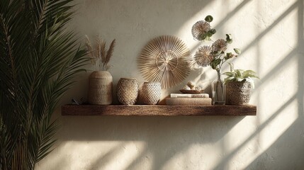 Obraz premium Shelf holding decorative ceramic vases and dried floral arrangements sits against a textured wall with soft natural sunlight creating long shadows across the surface in a modern minimalist home.