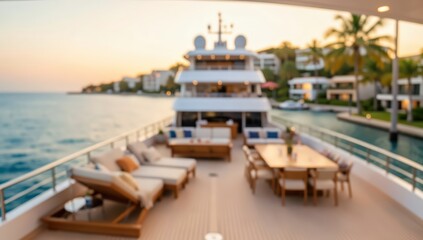 Fototapeta premium Luxury yacht deck blurred background sunset lifestyle travel vacation bokeh abstract sea wealth furniture