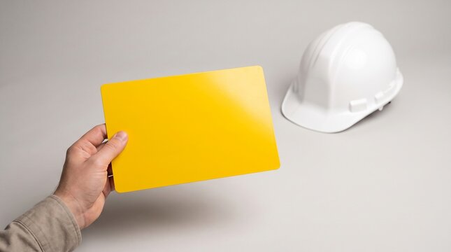 Hand holding yellow blank sign near white hard hat on gray background.