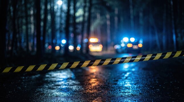 Police crime scene tape blocking dark forest road with blurred emergency vehicle lights in background.