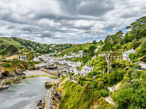 Polperro Harbour and Village from a drone, Polperro, Looe, Cornwall, England