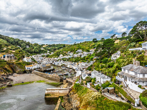 Polperro Harbour and Village from a drone, Polperro, Looe, Cornwall, England