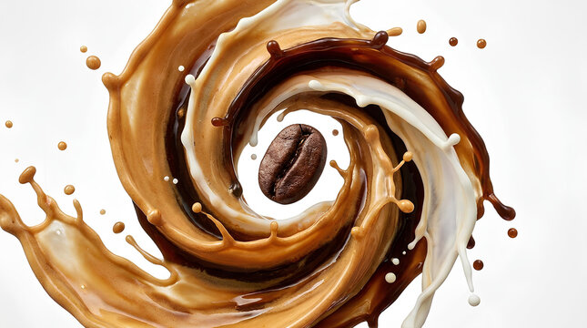Coffee and milk liquid swirl with single coffee bean.