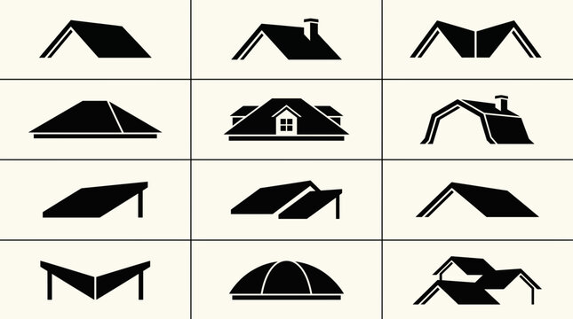 Minimalist house roof icons set, black architectural roofing silhouettes, 12 residential building roof types vector collection