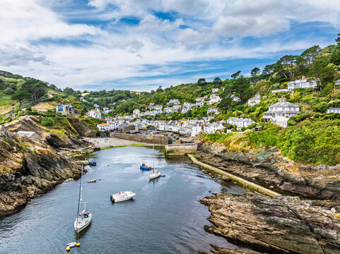 Polperro Harbour and Village from a drone, Polperro, Looe, Cornwall, England