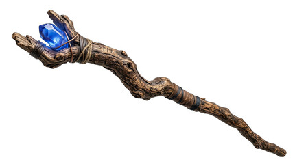 Fototapeta premium A magical wooden wizard staff with a glowing blue crystal prop for halloween isolated on transparent background