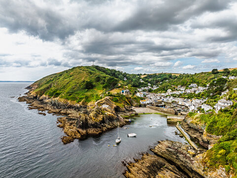 Polperro Harbour and Village from a drone, Polperro, Looe, Cornwall, England