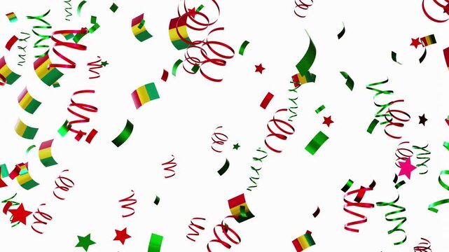 Confetti falls down with bright colors and patterns. National flags of Guinea appear and celebrate a special event. The animation shows a lively atmosphere filled with joy
