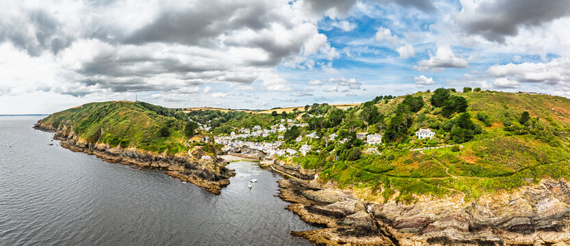Panorama of Polperro Harbour and Village from a drone, Polperro, Looe, Cornwall, England