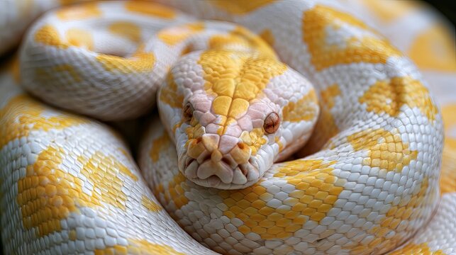 Albino python, close up, at Tirta Gangga Royal Water Garden, East Bali, Indonesia.