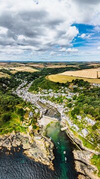 Panorama of Polperro Harbour and Village from a drone, Polperro, Looe, Cornwall, England