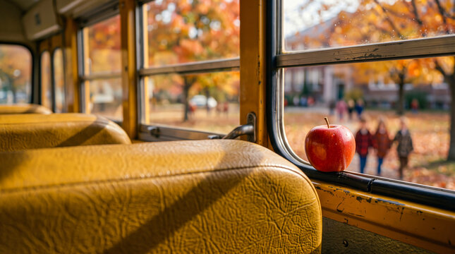 Red apple sitting on a school bus window sill in autumn