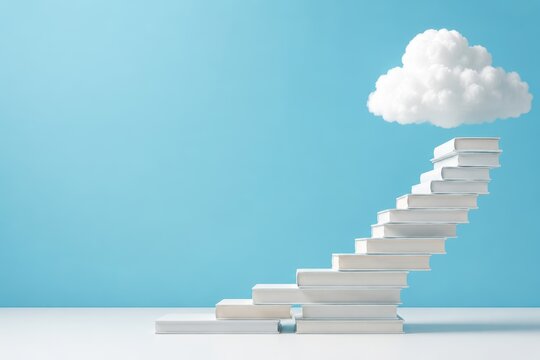 Ascending Knowledge: A staircase formed from stacked books ascends towards a fluffy white cloud against a serene blue sky, symbolizing the journey of learning and aspiration.