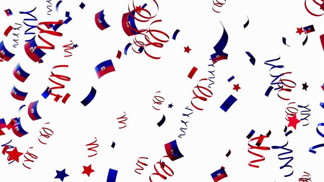 Confetti falls in a joyful display with national flags of Haiti featured prominently. This 3D animation showcases a festive atmosphere filled with colors