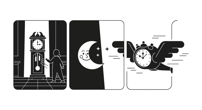 Surrealistic Night Time Illustration with Flying Clock and Moon