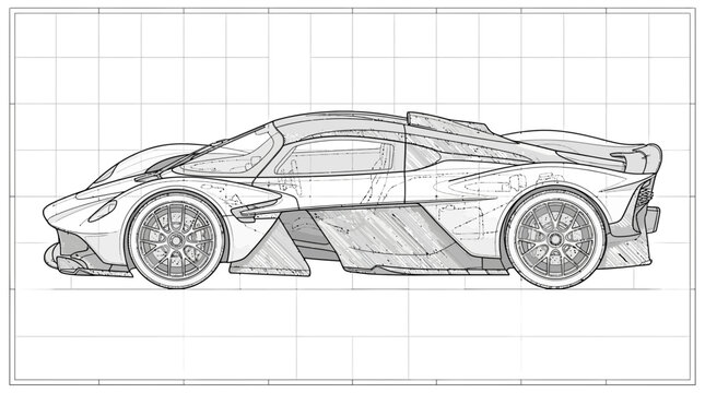 Side profile technical drawing of a modern aerodynamic hypercar