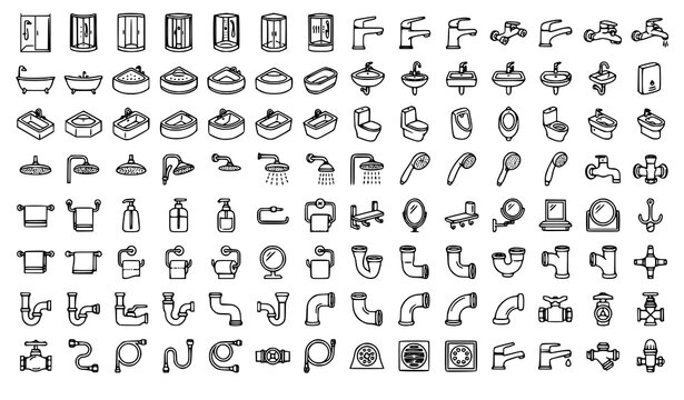 Bathroom Sanitary Plumbing Fixtures Editable Stroke Vector Icon Mega Pack