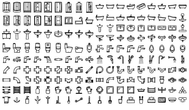 Bathroom Plumbing Fixtures Editable Stroke Outline Vector Icon Collection