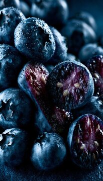 Abstract macro display highlighting halved juicy blueberries for fresh organic antioxidant backdrop