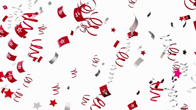 Red and white confetti and ribbons fall in a 3D animation to celebrate a national event. The design features elements of the flag of Hong Kong.