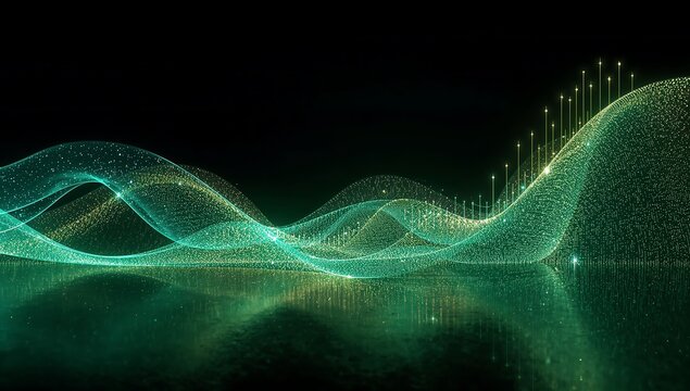Generative AI visualizes dynamic green data wave patterns in a digital landscape