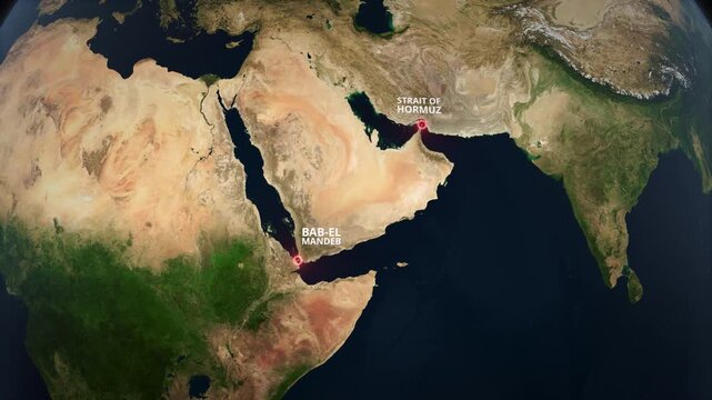 Earth globe zoom to a satellite map of the Strait of Hormuz, Middle East, and Bab el-Mandeb, Middle East, with red concentric circle highlights and typography for a documentary presentation.

