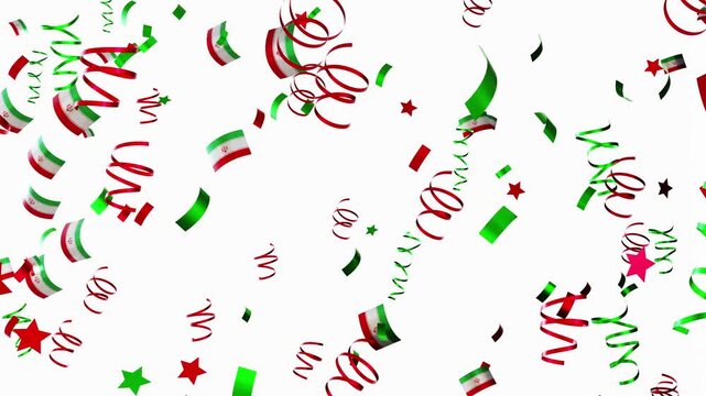 In this 3D animation, colorful confetti falls while featuring the national flag of Iran. The visual represents a festive mood with bright elements in the air