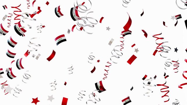 Confetti and ribbons fall gracefully in a bright setting, featuring national flag of Iraq. This animation showcases a festive atmosphere for a country celebration