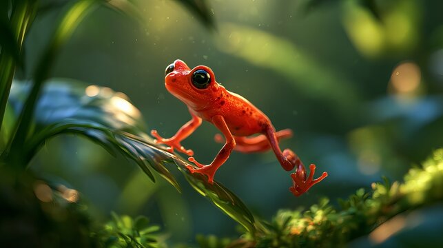 Tiny bright frog in jungle jumps.