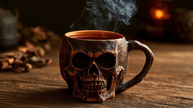 Human skull mug with poison tea billows death smoke, a demonic Halloween cup.