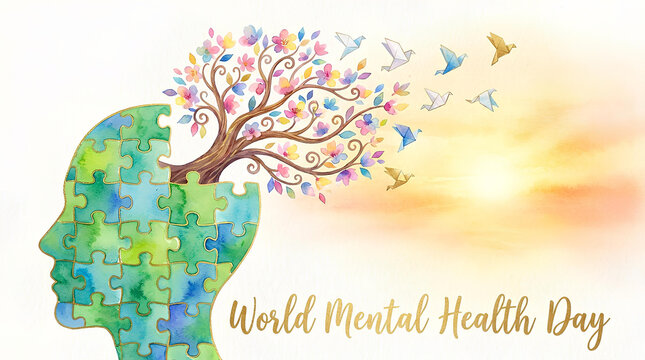 Brain puzzle head with tree for Mental Health Day.