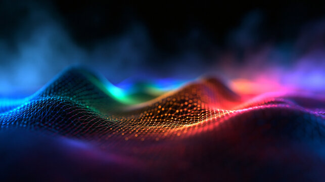 Abstract Digital Data Wave Mesh with Glowing Neon Lights