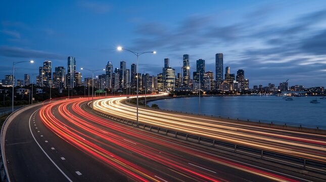 City Skyline and Highway Traffic Light Trails at Dusk