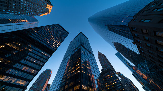 Low Angle View of Modern City Skyscrapers at Twilight