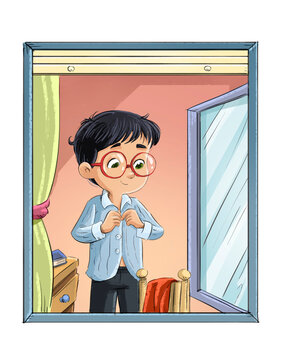Boy putting on his pajamas in his room seen from a window, children's illustration