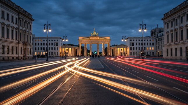 Brandenburg Gate in Berlin at Dusk with Light Trails