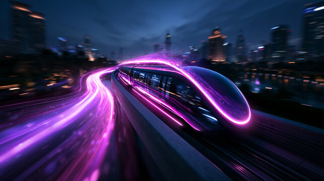 Futuristic High Speed Train Traveling Through City at Night