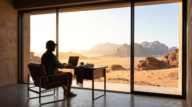 Digital Nomad Working on Laptop in Desert Resort