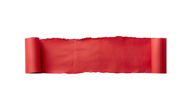 Horizontal red paper scroll with torn edges isolated on a clean white background surface with edges against solid paper strip rolled rolled both ends