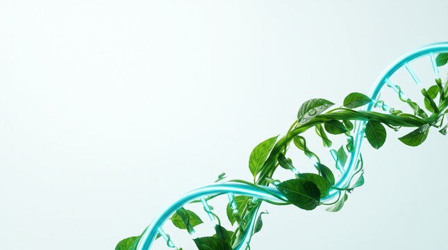 Conceptual macro photography of a DNA double helix intertwining cyan fiber-optic light and an organic green vine, bright sterile white and teal colors, modern healthcare visual metaphor with copy spac