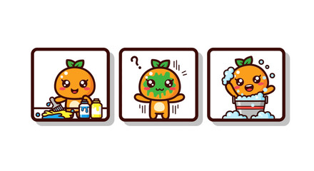 Naklejka premium Kawaii Orange Character Painting Messy Art and Taking a Bath