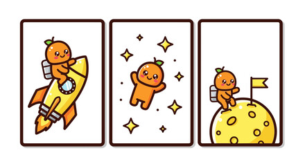 Fototapeta premium Cute Kawaii Orange Astronaut Space Explorer Vector Illustration Set