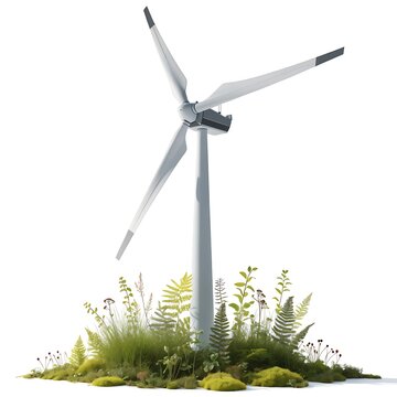 Modern wind turbine generator rising from lush ground foliage isolated on white background with renewable generator electricity technology sustainable environment isolated background