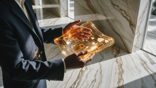 Man holds a glowing translucent slab displaying amber circuit patterns within his palms in a marble hall. Warm internal illumination highlights the wavy texture of the golden glass piece.