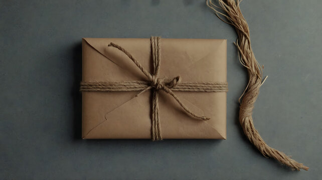 Christmas present wrapped in brown kraft paper tied with simple twine bow