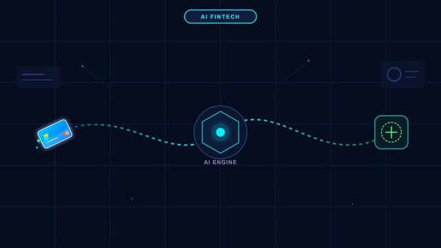 AI fintech fraud detection system motion graphic showing real-time risk analysis of credit cards.