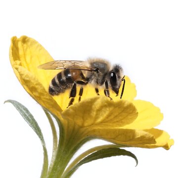 Honey bee collecting nectar on a yellow flower isolated on white background with macro photography honeybee pollination wildlife close-up environment ecological entomology sustainable